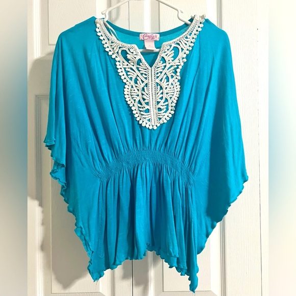 Girls Candies Size XL Peacock Blue Knit Top White Lace Appliqué Elastic Waist - Picture 1 of 4